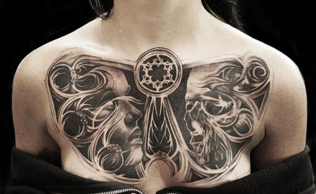 Tattoos - female face with skull and gothic winow - 129867